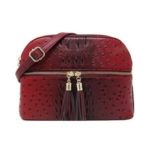 Ostrich Look Zip Tassel Multi Compartment Crossbody Bag Purse Tassel Burgundy